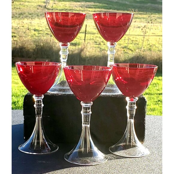 Veranda Ruby Red Cocktail Glasses 5" set /5 cordials Artland fluted stem liquor - Picture 3 of 12